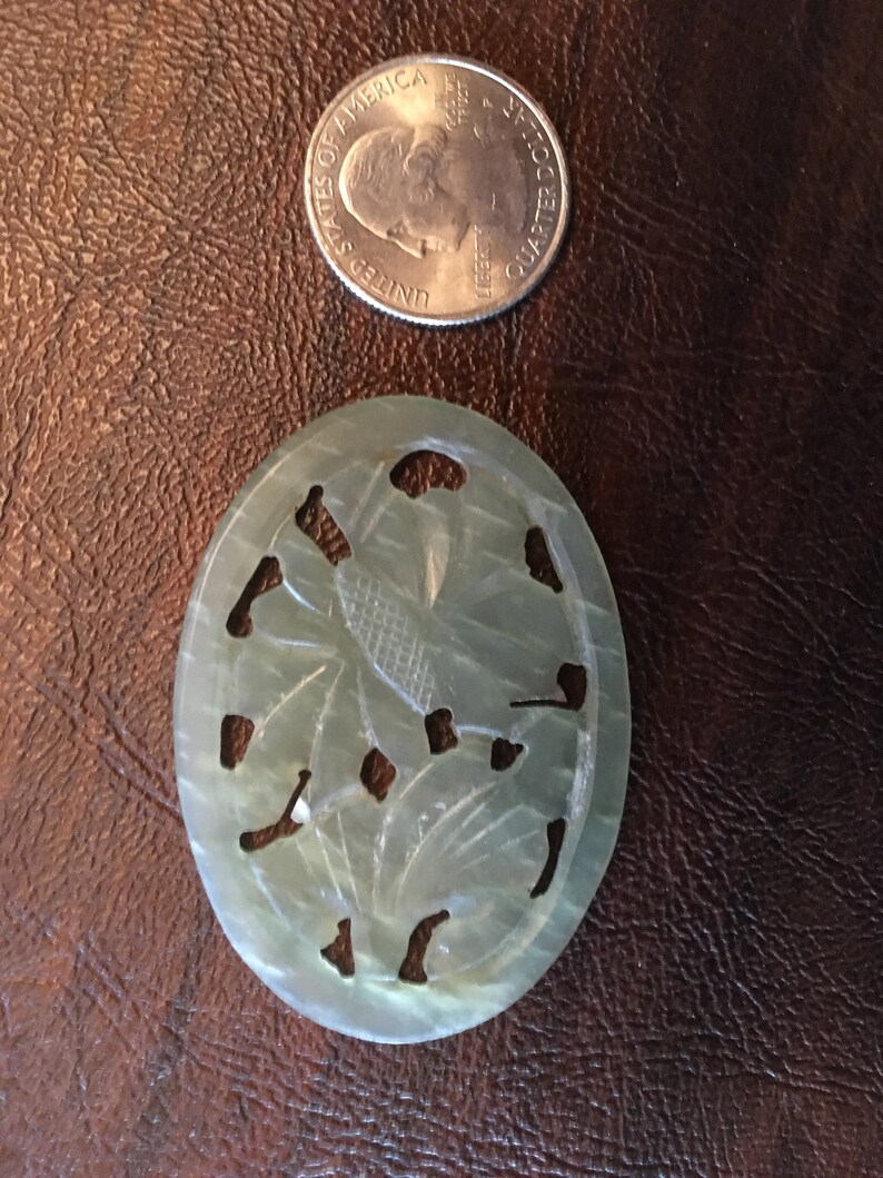 Antique Carved Openwork Pendant of Nephrite Celadon Jade Floral