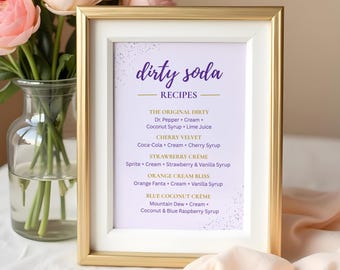 Dirty Soda Recipes Sign – Printable Drink Menu – Elegant Purple & Gold Party Decor – Soda Bar Recipe Guide - PDFs
