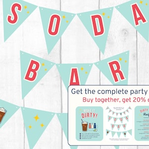 May include: A light blue pennant banner spelling "SODA BAR" in red letters. The banner includes illustrations of a soda drink and stars. A promotional graphic offers a discount and recipes.
