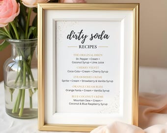 Dirty Soda Recipes Sign – Printable Drink Menu – Elegant Gold Party Decor – Soda Bar Recipe Guide - PDFs