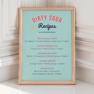 Dirty Soda Bar Sign – Retro Printable Menu – Digital Download - 4th of July, Summer BBQs, Pool Parties, Birthdays & Events - Banner - Recipe