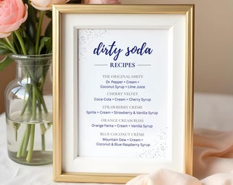 Dirty Soda Recipes Sign – Printable Drink Menu – Elegant Navy & Silver Party Decor – Soda Bar Recipe Guide - PDFs
