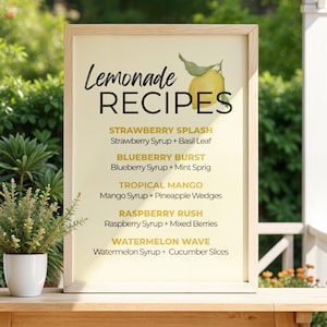 Lemonade Bar Recipe Menu Sign – Printable Lemonade Station Decor – Summer Party Sign – DIY Drink Bar – Instant Download 8x10, 5x7