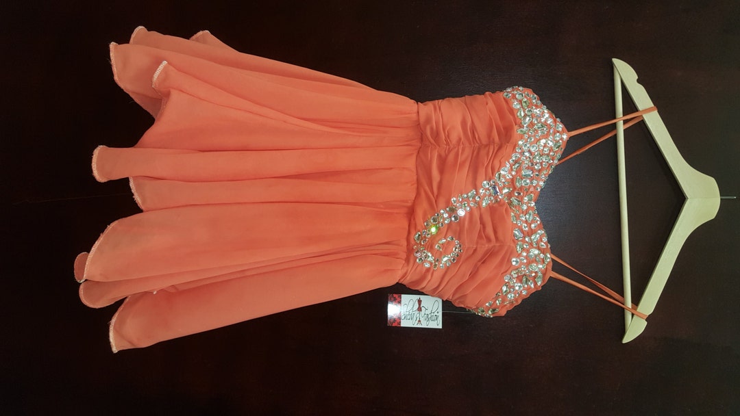 Rhinestone Swirl Detailed Peach/coral Chiffon Short Dress. - Etsy