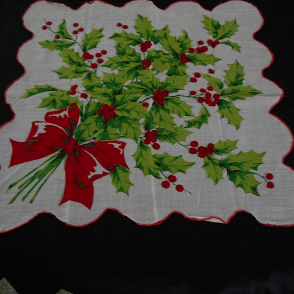 Ladies Scalloped Edged Christmas Holly Handkerchief or Hankie