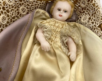 Antique Wax Hand Made Infant Jesus / Crèche/ Baby Doll With Real Hair, Basket and Blanket, by Redemptoristines Barrie, Ontario