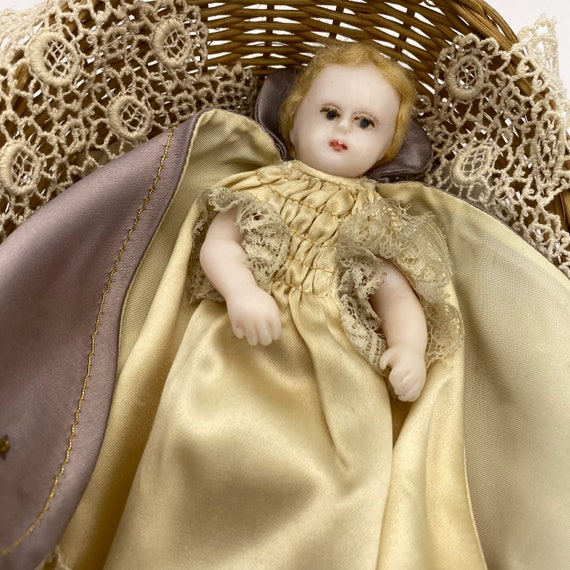 Antique Wax Hand Made Infant Jesus Creche Baby Doll With Real Hair Basket and Blanket by Redemptoristines Barrie Ontario Etsy