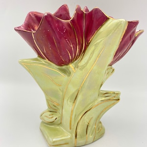 Vintage Double Tulip Flower Pottery Vase in Magenta Pink