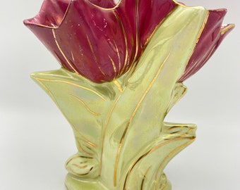 Vintage Double Tulip Flower Pottery Vase in Magenta Pink