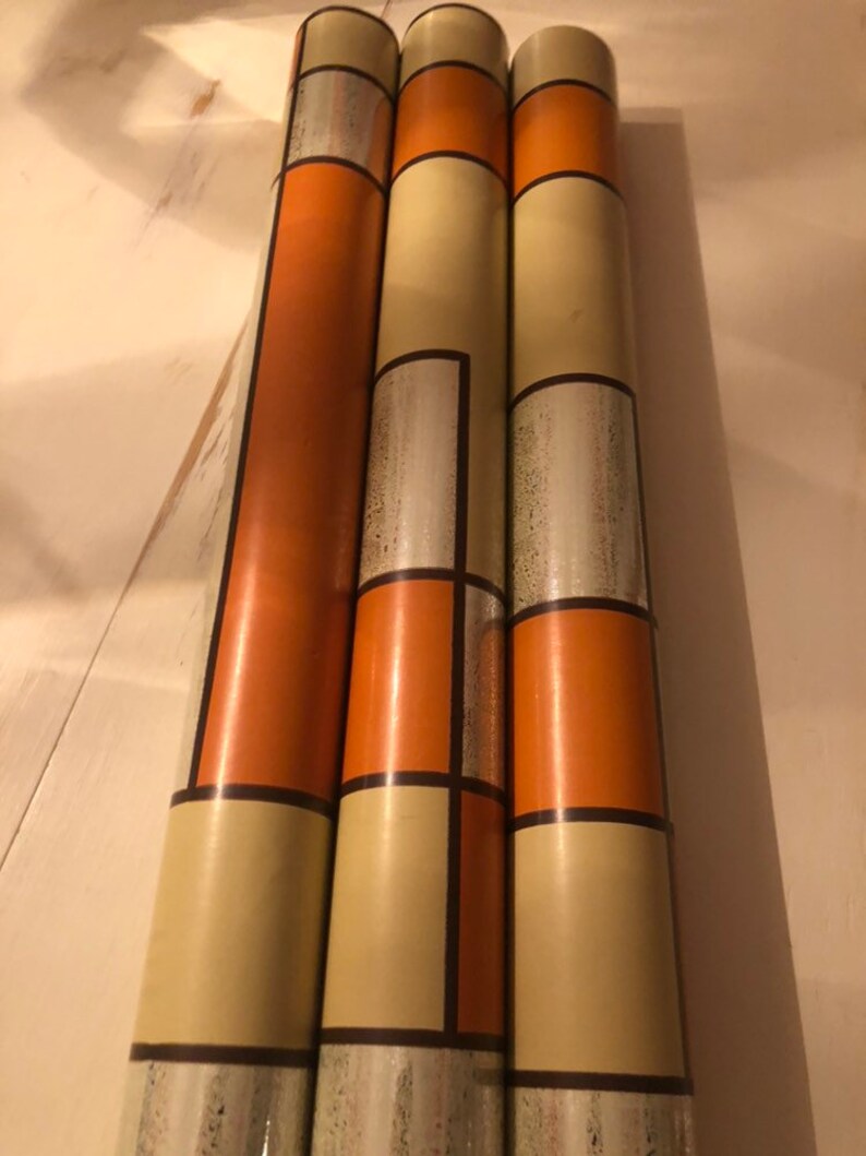 Vintage 60/'s or 70/'s Retro NOS Mid Century Modern Graphic Geometric Pattern Hand Printed Screen Printed Metallic Vinly Wallpaper Double Roll