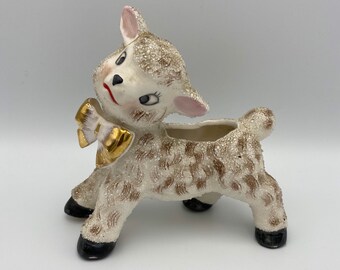 Rare Vintage Sugar Coated Ceramic Lamb Planter With Metallic Gold Bow