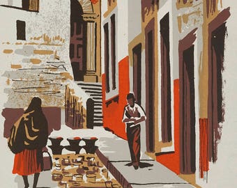 Mark Coomer Serigraph Street Vendor Hawker Street Scene Print Vintage Art Silkscreen Screenprint Silkscreen