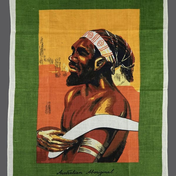 Vintage Australian Aboriginal Pure Linen Tea Towel Souvenir 21 x 31