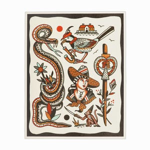 Henry Hablak Impressão em Papel Tatuagem Flash Card Arte Original Cobra Pássaro Espada Astrologia