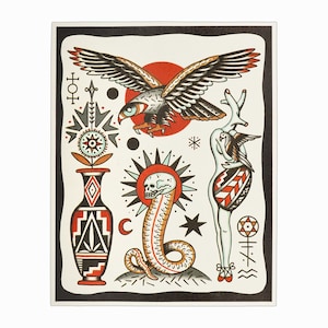 Henry Hablak Impressão em papel Tatuagem Flash Card Arte original Águia Caveira Cobra Signo do Zodíaco Astrologia