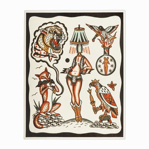 Henry Hablak Impressão em papel Tatuagem Flash Card Arte original Pássaro Raposa Tigre Astrologia