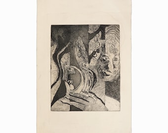 Mid-Century Etching on Paper Vintage Black and White Surreal Portrait