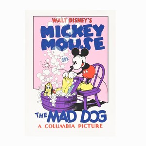 May include: A vintage poster for Walt Disney's "Mickey Mouse in The Mad Dog." Mickey Mouse is washing his feet in a purple tub while Pluto watches. The poster has a pink background with blue text.
