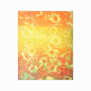May include: Abstract art print with a yellow, orange, and green color scheme. The print features a pattern of stylized flowers.