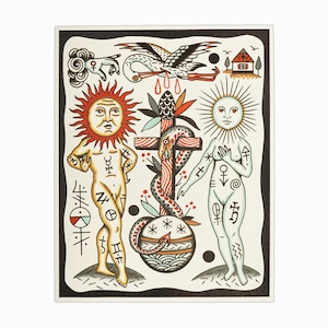 Cartão de tatuagem com impressão em papel de Henry Hablak, arte original, cruz, signo do zodíaco, astrologia