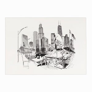 Puede incluir: Dibujo en blanco y negro de una ciudad con edificios altos y un río. El dibujo está hecho en un estilo realista e incluye detalles como farolas, árboles y personas.