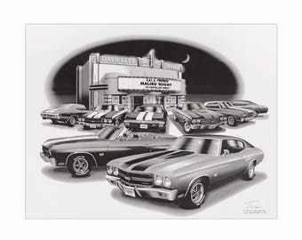 Vintage Flash Cards 1970 Chevelle SS Print on Paper Trans Am Car Auto Black White