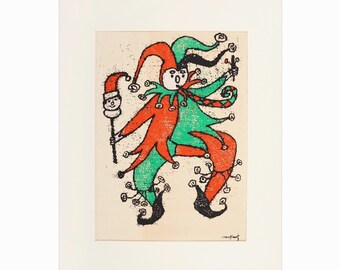 May include: A colorful illustration of a jester in a red and green costume, holding a stick with a small face on the end. The jester is dancing and has a playful expression on its face.
