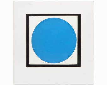 Serigrafía geométrica vintage sobre papel con puntos azules y bordes duros.