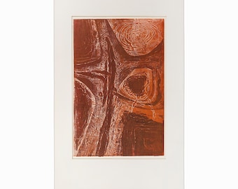 Puede incluir: Impresión de arte abstracto en tonos rojos y marrones con patrones y líneas en espiral.