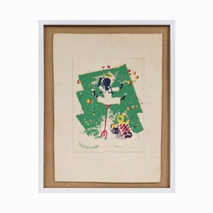 May include: A framed print of a colorful illustration depicting a person in a white outfit standing on a green and yellow platform with red and yellow shapes around them.