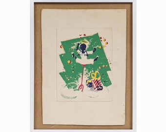 May include: A framed print of a colourful illustration depicting a person in a white outfit standing on a green and yellow platform with red and yellow shapes around them.