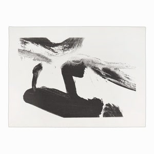 以下が含まれることがあります： 大胆な筆致で描かれた白黒の抽象画。絵画の中央には大きな暗い形があり、その周りを明るい筆致が囲んでいます。