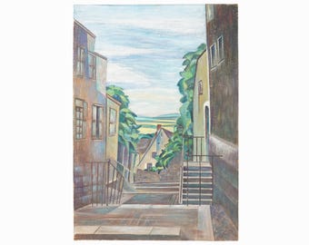 Mid Century Gouache Painting on Paper Vintage Landscape Pastel Colors