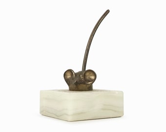 Brass Mouse Sculpture Miniature Figurine Marble Base Mid Century Modern