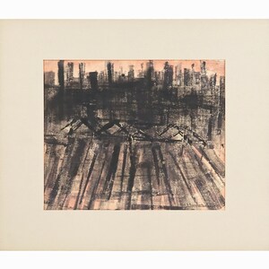 May include: A black and white abstract painting depicting a cityscape with buildings in the background and a field of tall grass in the foreground.