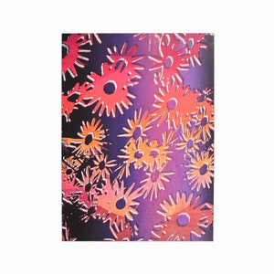 May include: Abstract art print featuring a purple background with a pattern of overlapping orange, pink, and red starburst shapes.