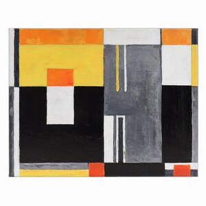 May include: Abstract geometric painting with a black, white, gray, yellow, orange, and red color scheme. The painting is composed of squares and rectangles.