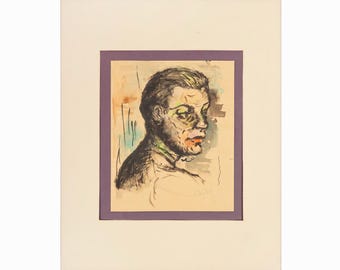 Mid Century Gouache Painting on Paper Man Portrait Carter Vintage