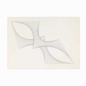 Op de afbeelding: Een zwart-witte lijntekening van twee snijdende geometrische vormen. De vormen lijken op een traan of een blad, met een rasterpatroon erin.