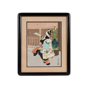 Sadanobu Hasegawa Woodblock Print Japan Maiko Girl, playing Hanetsuki game image 1