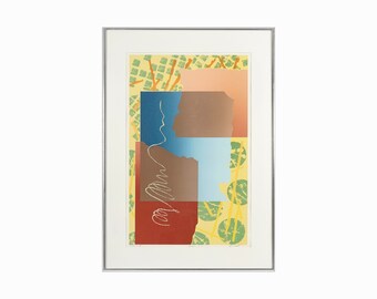 Puede incluir: Impresión de arte abstracto con un esquema de color amarillo, verde, azul, marrón y rojo. La impresión presenta formas geométricas y un dibujo de línea blanca.