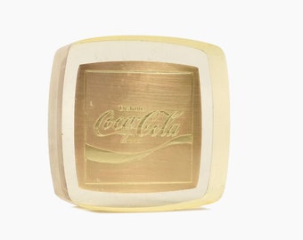 1982 Coca Cola Acrylic Paperweight Coke Golden Plate Vintage Advertisement