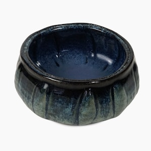 Vintage Ceramic Vase Round Shaped Blue Streaks Black Edge Green image 1