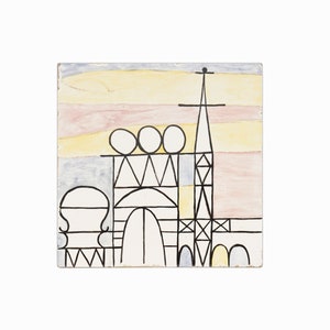 May include: A colorful abstract painting of a building with a tall tower and a rounded roof. The painting is done in shades of yellow, blue, pink, and white.