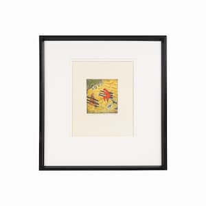 May include: A framed print of a colorful illustration depicting two figures in a landscape setting. The figures are red and orange, and the background is yellow and green. The print is titled "The Garden Where We Met" by the artist.