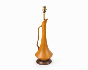 Mid Century Ceramic Lamp Orange Faux Wooden Base Vintage