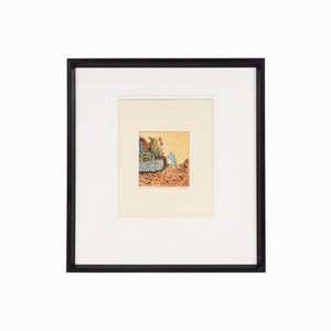 May include: A framed print of a colorful illustration depicting a person standing in front of a garden with a blue sky in the background. The text below the image reads "The same energy as the tree, the same movement."