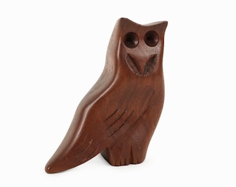 Vintage Wooden Owl Figurine Hand Carved Sculpture