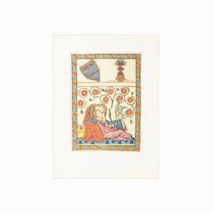 May include: A medieval-style illustration depicting a couple embracing under a flowering tree. The scene is framed by a decorative border with a shield and a stylized head at the top.