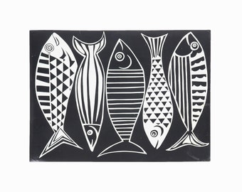 Black and White Fish Print on Paper Modernist